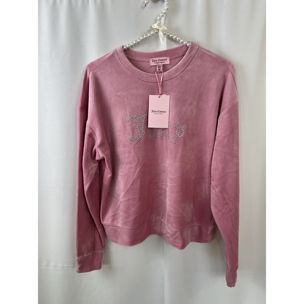 JUICY COUTURE 2 Pc Jogging Track Set Medium Top Pants Velour Rose Pink Bling NWT - Picture 3 of 16
